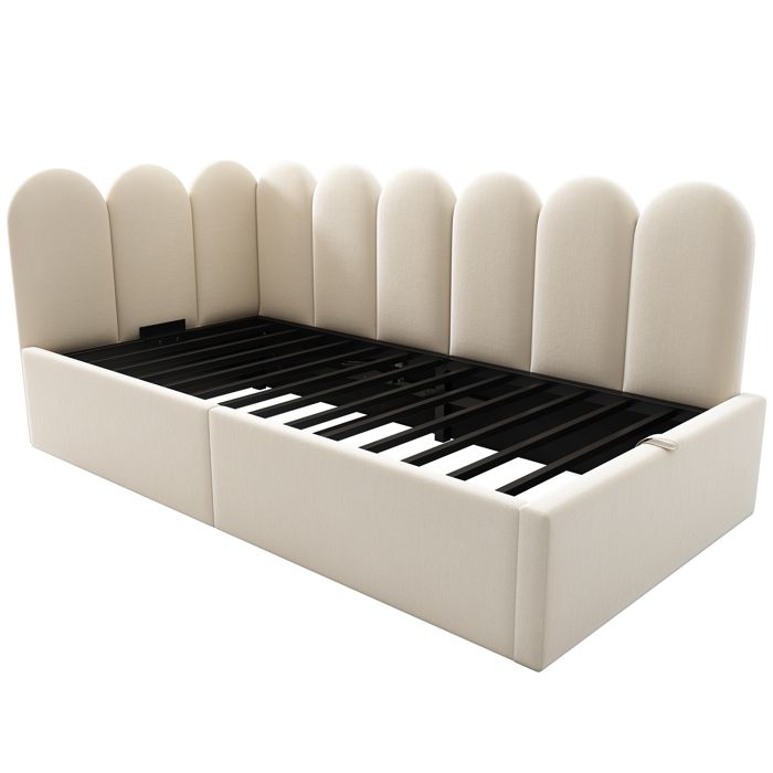 Lit banquette rembourré 90x200 cm en velours coloris beige avec tête de lit avec rangement sommier à lattes sans matelas