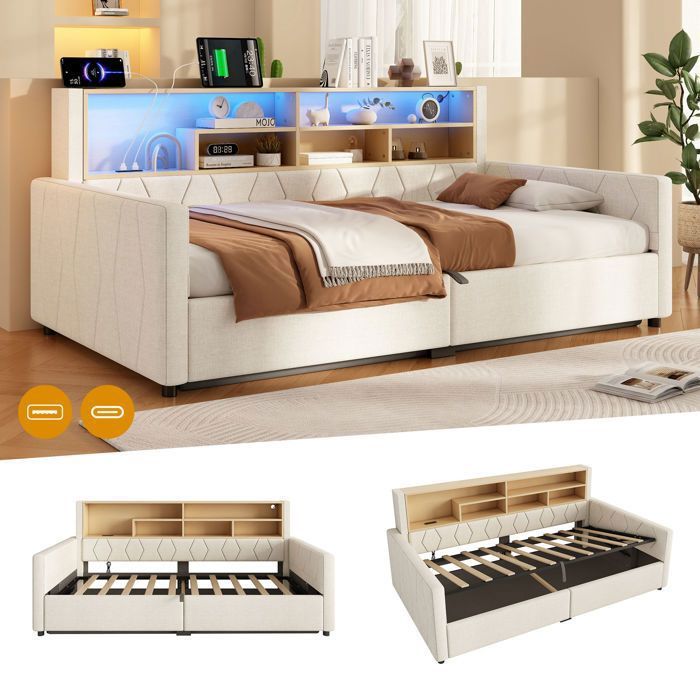 Lit Banquette 90x200 cm avec Coffre Hydraulique LED Multicolore USB-A/USB-C Niche de Rangement Sommier à Lattes Lin Beige