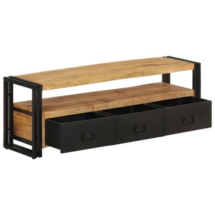 Meuble TV - AKOZON - 120x30x40 cm - Bois massif de manguier - Style industriel - 3 tiroirs