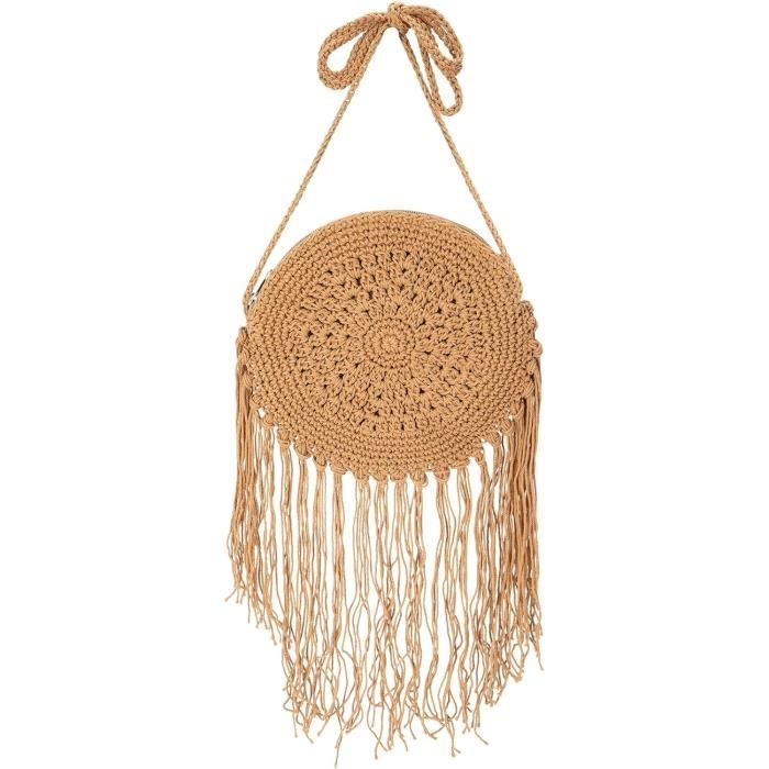 Sac à Bandoulière Rond En Paille Boho - Fait Main - Petit Sac Plage Été - Accessoire Voyage Et Vacances