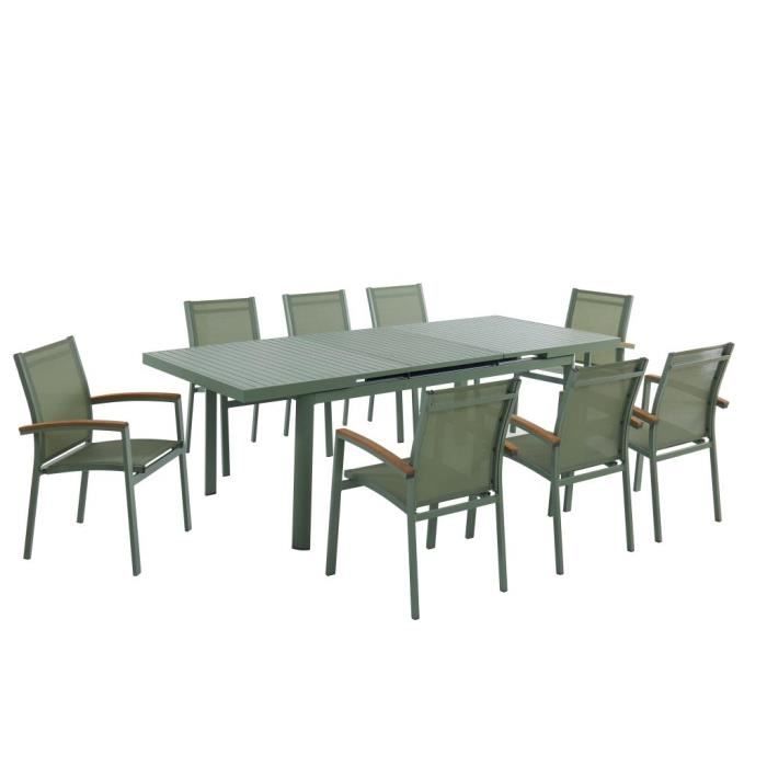 Salle à manger de jardin en aluminium : une table extensible 180/240cm et 8 fauteuils empilables avec accoudoirs acacia - Vert amand