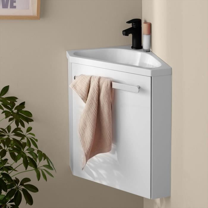 Meuble lave-mains d'angle blanc SKINO avec robinet noir - MOB-IN - Skino - A suspendre - 35x35x53 cm