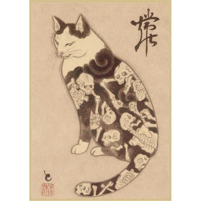 Affiche De Chat Samourai Japonais Tatouage Chat Vintage Art Mural Peinture Decoration De Salon Couleur 10 42x30cm Cdiscount Maison