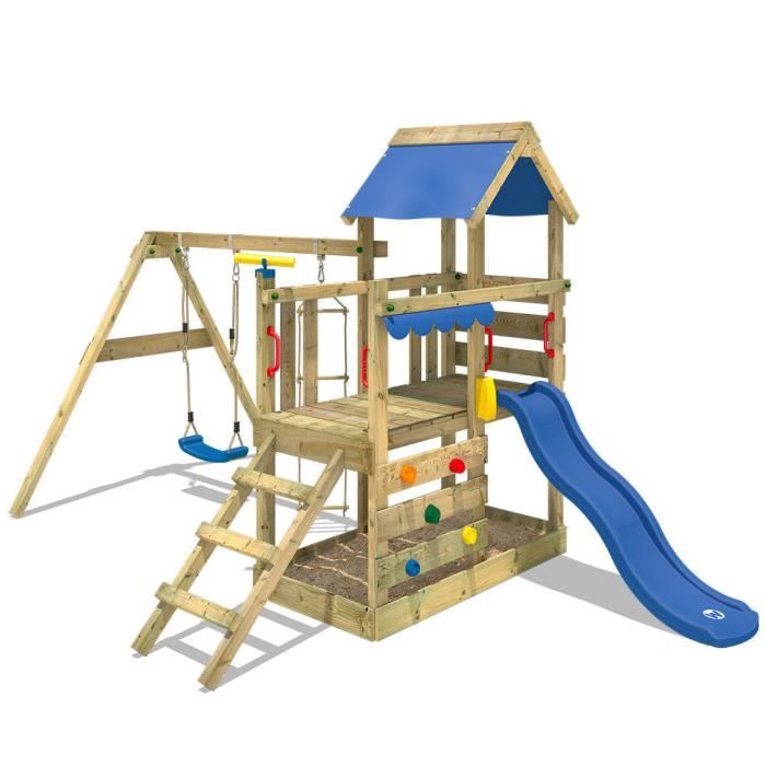 Wickey Aire De Jeux JoyFlyer Portique En Bois Avec Toboggan Bleu - Tour D'Escalade Bac à Sable Pour Enfants