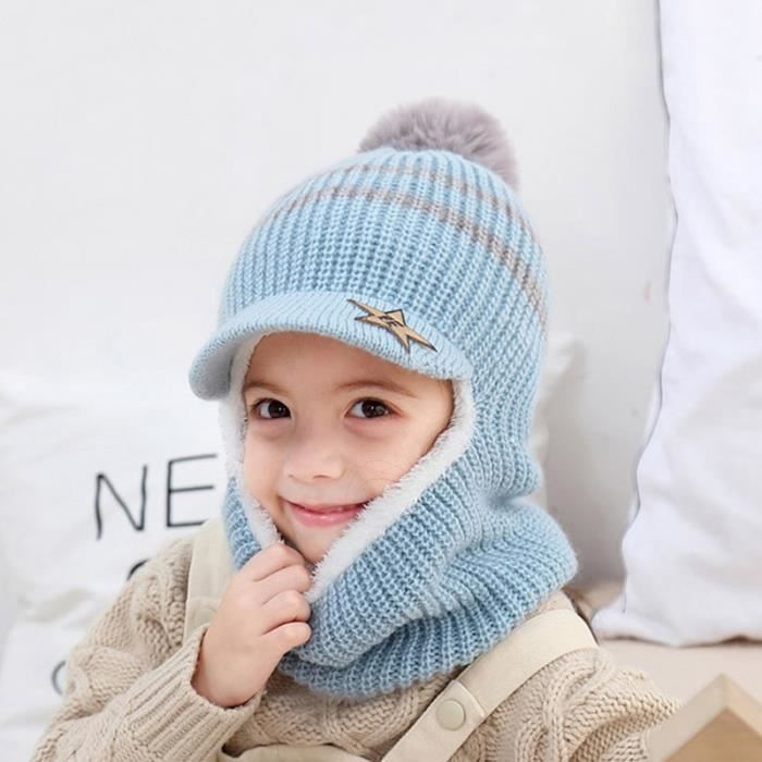 Taille unique - Bleu clair - Bonnet épais tricoté en acrylique pour  enfants, chapeau d'hiver, cagoule chaude