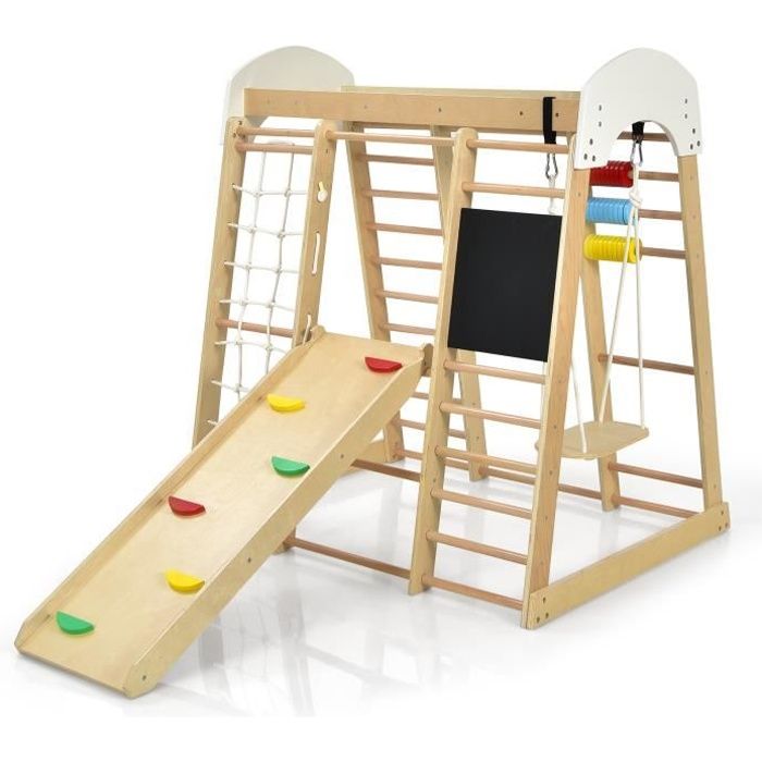 DREAMADE Aire de Jeu Escalade 8 en 1 Cadre descalade en Bois pour Enfant 3+ Ans avec Toboggan Balançoire et Tableau Naturel
