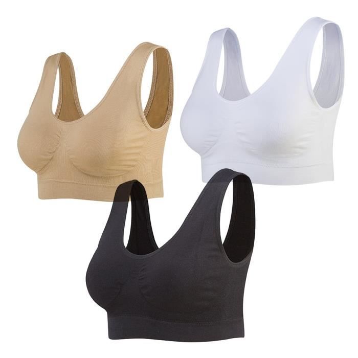 Soutiens-Gorge de Sport sans Couture pour Femmes - Coussinets Amovibles - Yoga - Choc Moyen - Blanc/Noir/Beige