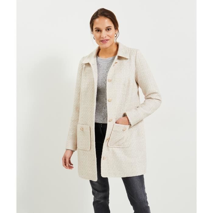 Manteau mi long en tweed femme GRAIN DE MALICE Col chemise Boutons dores 2 poches Ecru Blanc Femme Ecru Cdiscount Pret a Porter