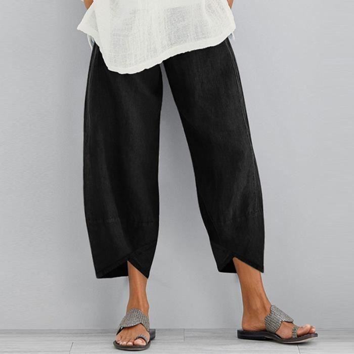 Pantalon Fluide Taille Haute Pantalon Femme Été Lin Coton Pantacourt Lastique 7 8 Avec 795360