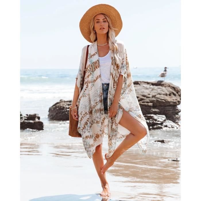 Robe de plage,Kimono d'été imprimé floral pour femmes,vêtements de