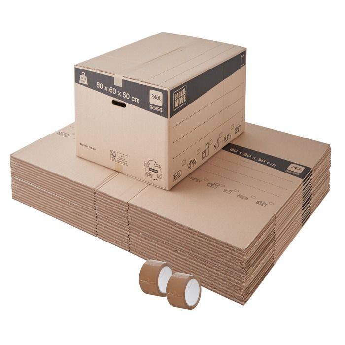 Lot de 20 cartons de déménagement XXL avec poignées - 240L, charge max 20kg - made in France + 2 adhésifs offerts
