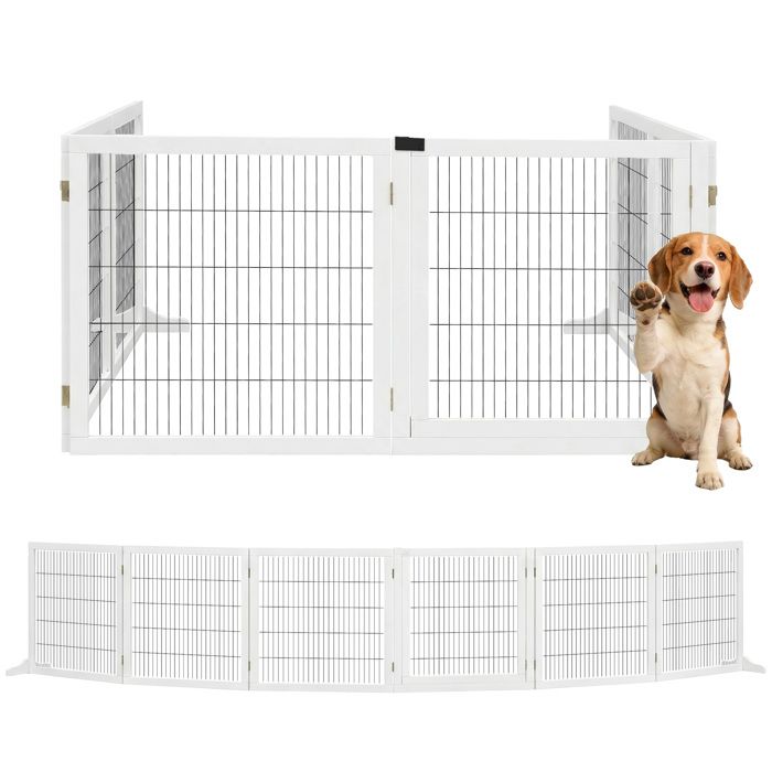 Barrière de sécurité pour chien - PawHut - pliable 6 panneaux autoportante pieds de support amovibles - 432 x 36 x 70 cm - blanc