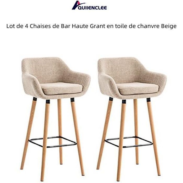 QUIIENCLEE Lot de 4 Chaises de Bar Haute Grant en toile de chanvre Beige 55 x 45 x 104 cm