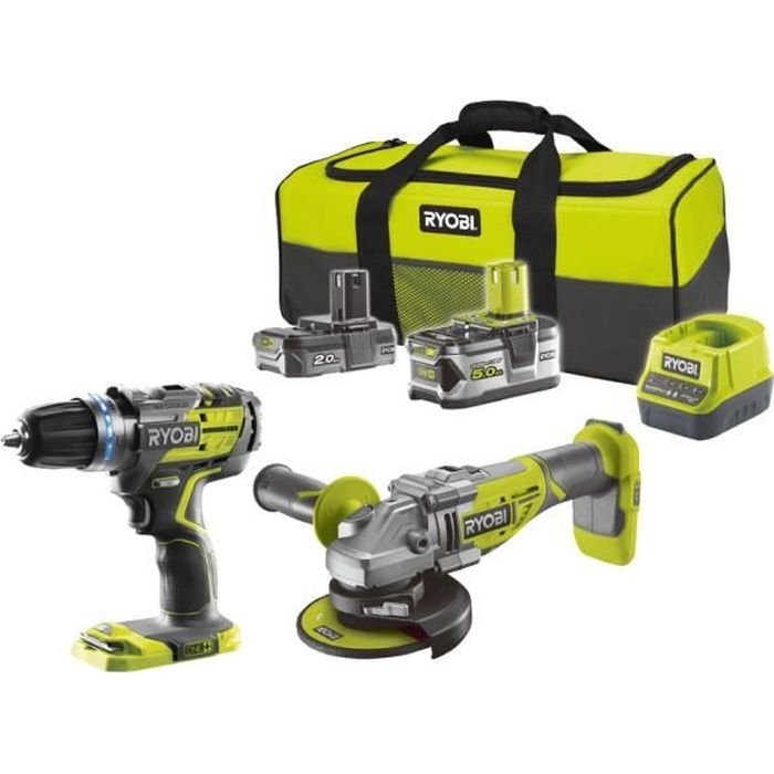 RYOBI One+ Duo Brushless perceuse a percussion + meuleuse 125mm sans fil 18V R18CK2BL batteries 2 et 5 Ah sac de
