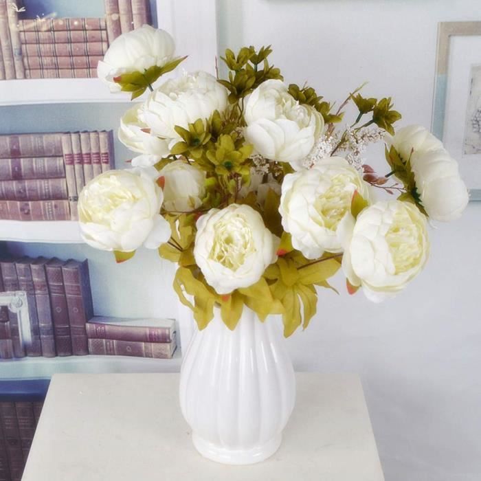 Igemy 1bouquet 8 Têtes Rose Blanche Artificielles Fausse Fleurfleurs Artificiel Pour Bouquet De Mariée Décoration Pour