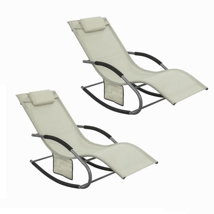 SoBuy® OGS28-MI x2 Lot de 2 Fauteuils à bascule Chaise longue Transats de jardin avec repose-pieds et 1 pochette latérale - Beige