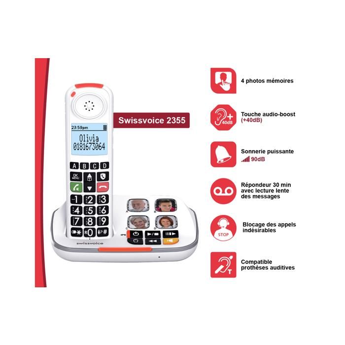 Téléphone fixe senior - SWISSVOICE - Xtra 2355 - Répondeur 30min - Sonnerie 90dB - Mains libres
