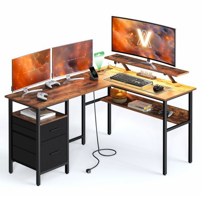 Bureau en L avec Multiprise - VASAGLE - Marron Rustique - 2 Tiroirs - 2 Ports USB