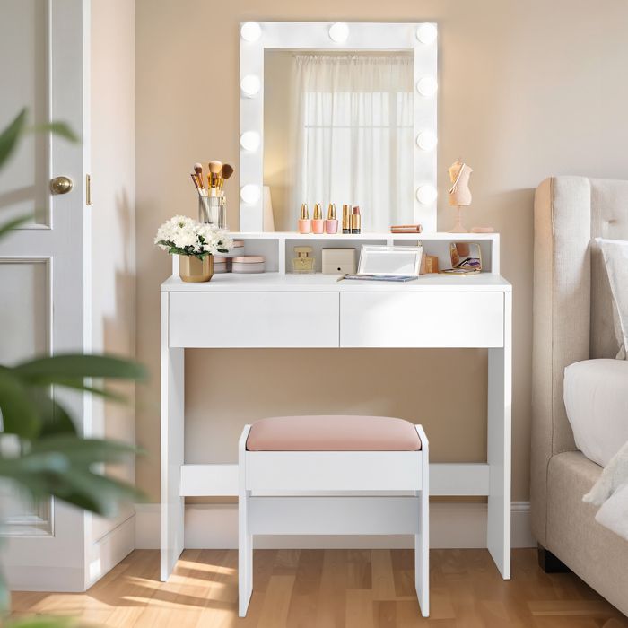 Coiffeuse avec Éclairage LED Tabouret avec 2 Tiroirs et 3 Compartiments Blanc et Blanc Mat-Rose Bonbon