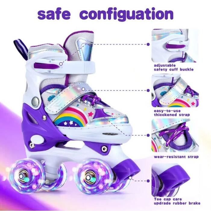 Hikole Patins à Roulettes Enfant 4 Roues Lumineuses Réglables - Roller Fille Garçon Avec Protection