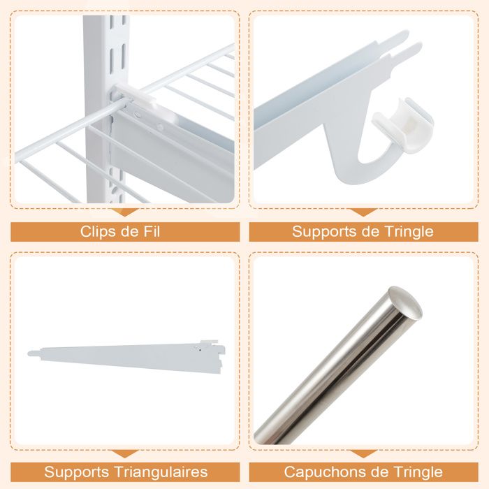 Système De Rangement Pour Placard En Métal Blanc - Adaptable 122 à 244 Cm De Large - 7 étagères + 5 Tringles - Charge Max 20 Kg/étagère, 10 Kg/tringle
