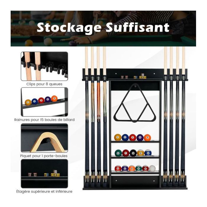 Leogreen Porte Queue Billard Mural - Support Pour 8 Queues, 18 Boules - Bois De Pin