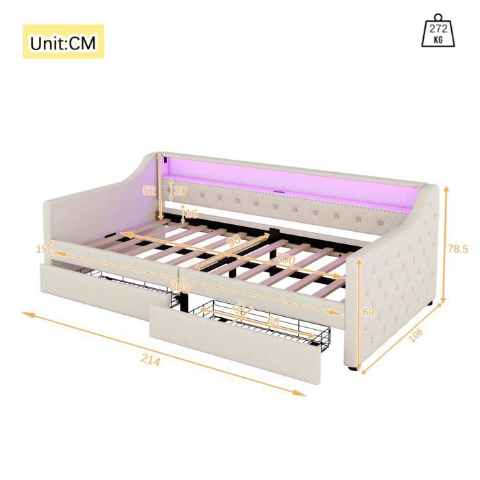 Lit banquette 90x200, usage quotidien, éclairage LED, rangement intégré