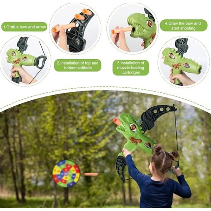MERPELO Ensemble nœud et flèche dinosaure pour enfants avec 6 flèches à  ventouse, cible autoportante et corde d'arc, idéal pour l'intérieur,  l'extérieur, la chasse, les jeux d'aventure pour garçons et filles 
