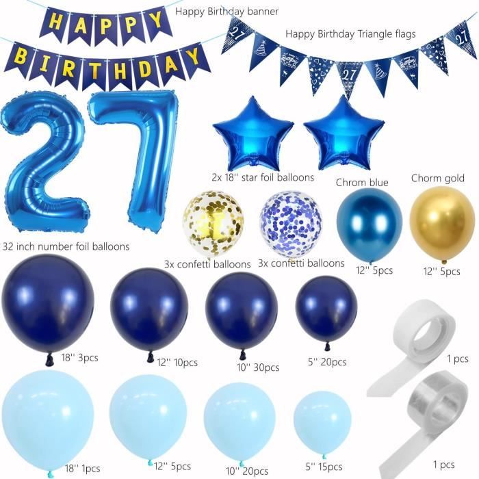 Kit Déco Anniversaire 27 Ans Bleu - Ballons Aluminium & Latex - Décoration Complète Fête Homme