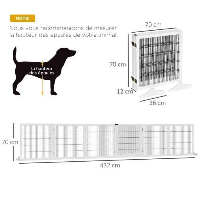Pawhut - Barrière de sécurité parc enclos chien modulable pliable porte  verrouillable intégrée 6 panneaux acier PP blanc