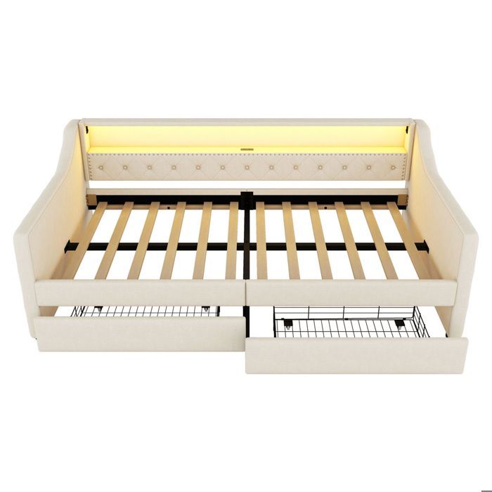 Canapé-lit 1 Personne 90x200cm Avec Tiroirs Et éclairage LED - Banquette Rembourrée, Ports USB, Sommier à Lattes - 8