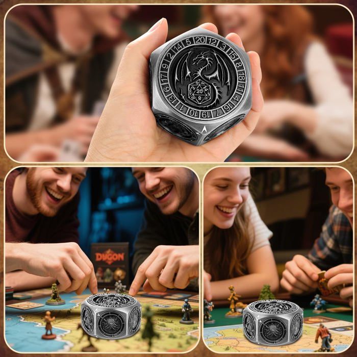 DND Jeu de dés rotatifs en métal 7 en 1 avec motif de dragon en relief 3D, design unique pour donjons et dragons, jeu de dés polyédriques fantastiques pour joueurs de D&D