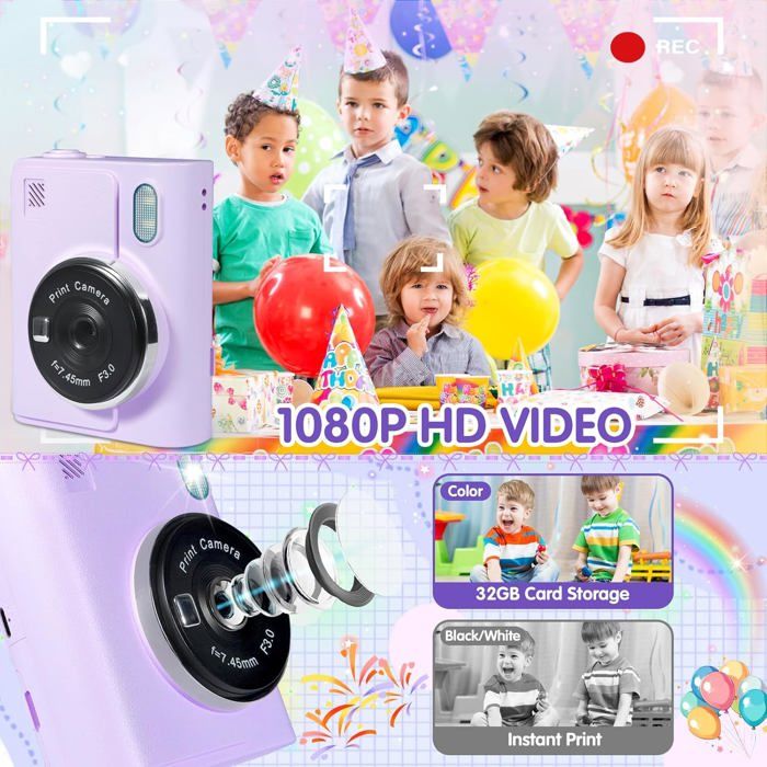 Appareil photo instantané pour enfants, appareil photo et vidéo numérique 1080p avec carte 32 Go