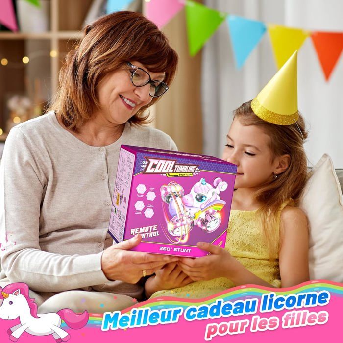 Voiture Télécommandée Licorne – Stunt Car 360° Avec Roues LED Multicolores, Batterie Rechargeable 500mAh, Télécommande 2,4GHz – Cadeau Fille 3-12 Ans