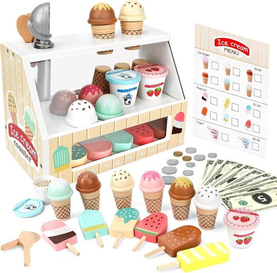 Cuisine Enfant En Bois Glacière Jouet En Bois Pour Enfants - Comptoir à Glaces - Jeu De Rôle - Cadeau 3 Ans Et Plus - Montessori Comptoir Glace Bois