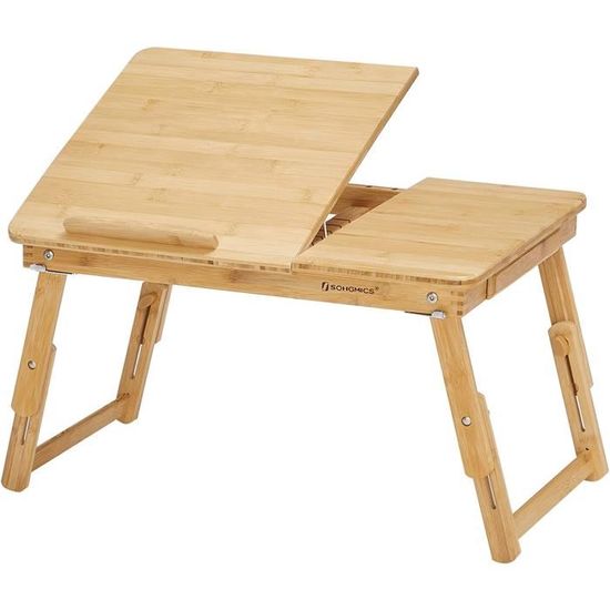 Table de lit pliable,Petite table en bambou pour ordinateur portable,pour  Gaucher et Droitier, Plateau ajustable 5 positions, 72 x (21-29) x 35 cm  ,Trous d'aération,Petit tiroir LLD004