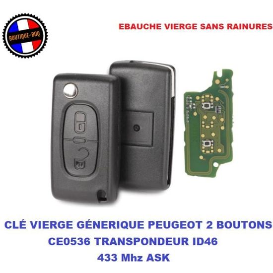 Clé Vierge ID46 PEUGEOT CE0536 207 307 308 SW Cle 2 Boutons Lame VA2 SANS RAINURE / ASK
