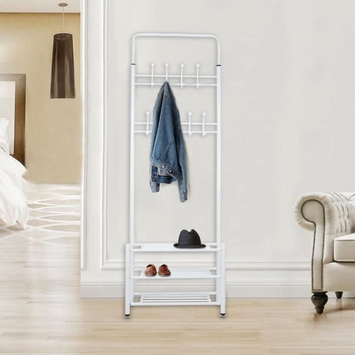 GMM® Porte Manteau-Métal-Blanc-10 Crochets-avec Étagère à Chaussures à 3 Niveaux-185*66*30 cm