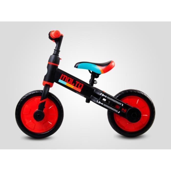 MOLTO - Draisienne 3en1 tricycle + vélo - Dès 3 ans 30 kg max - Petites roues + pédales amovibles - Roues en mousse EVA - Noir/Rouge