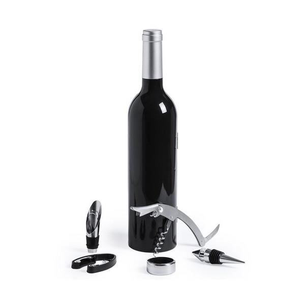 Coffret Accessoire Vin en forme de Bouteille de Vin noir Aimantée : Tire Bouchon, Bec verseur, Bague anti gouttes et Bouchon