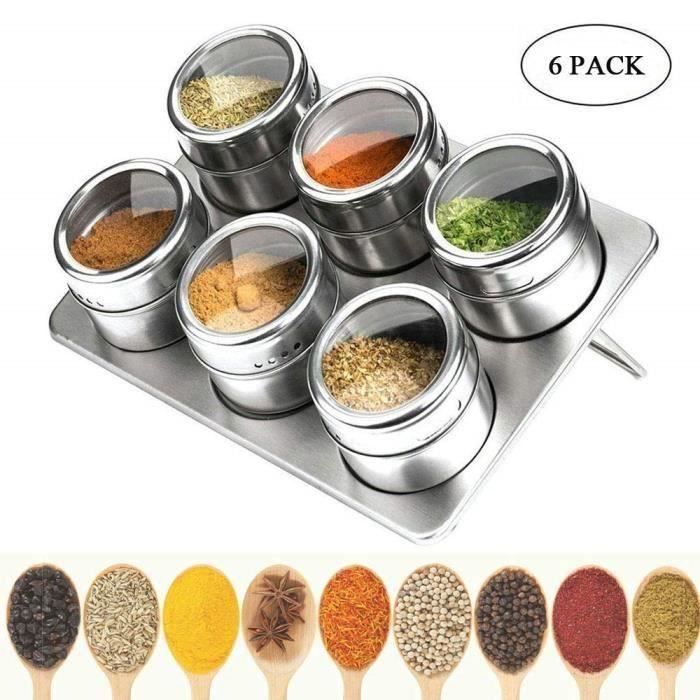 Pots à Épices Magnétique, Set de 6 Boîtes à Épices Magnétiques, pour BBQ Cuisine, Contenants à Épices Ronds en Acier Inoxydable