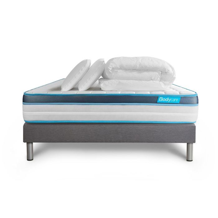 Ensemble sommier matelas 140x200 BodyFit - 24 cm - Confort Ferme + 2 oreillers + couette - sommier kit gris