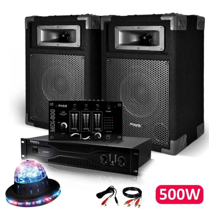 Pack Sono Dj IBIZA découverte 2 Enceintes + Amplificateur 500W + Table de mixage + Câblages + Effet ROUNDIAMS LED
