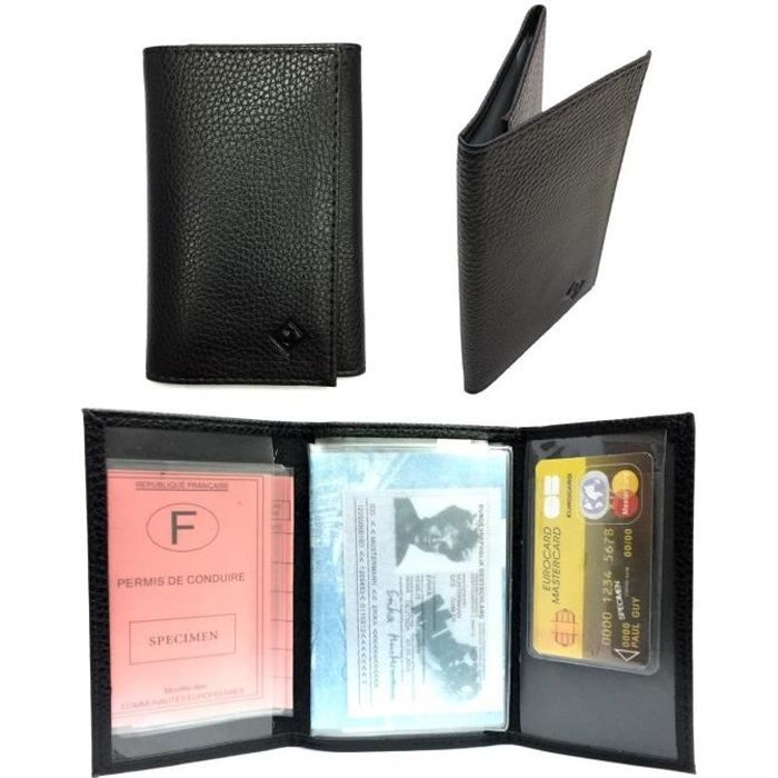 Porte carte papier voiture + étui Carte RFID, carte grise, permis, identité, assurance, 3 volets compact cuir LOLUNA® (Noir)