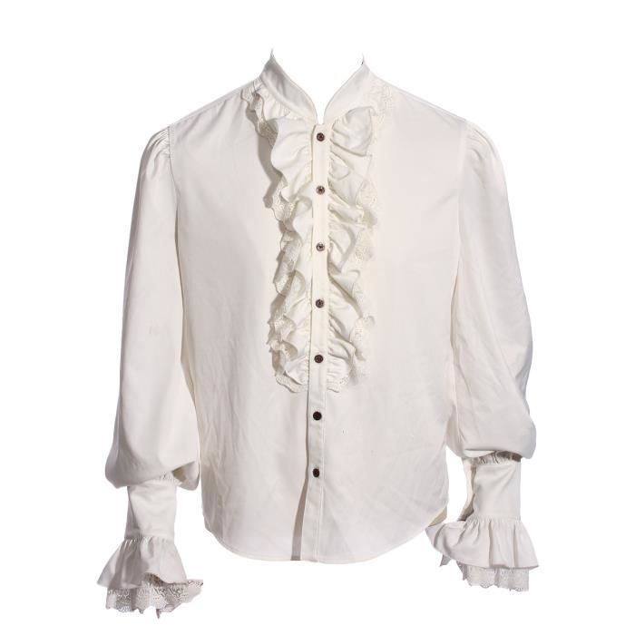 Chemise blanche homme avec froufrous effet jabot, boutons rouages, steampunk RQBL
