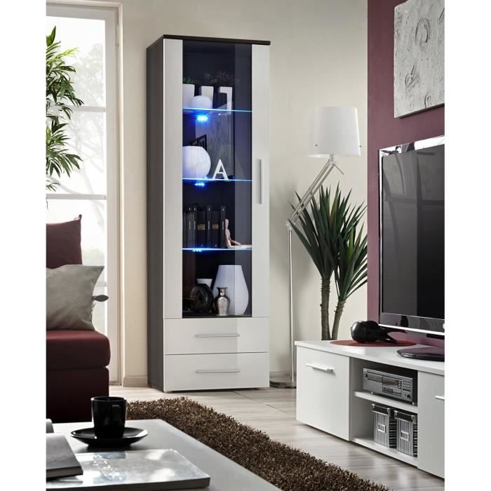 Vitrine NEO I design, coloris wengé et blanc brillant, tiroirs blancs brillants + LED. 40 Blanc