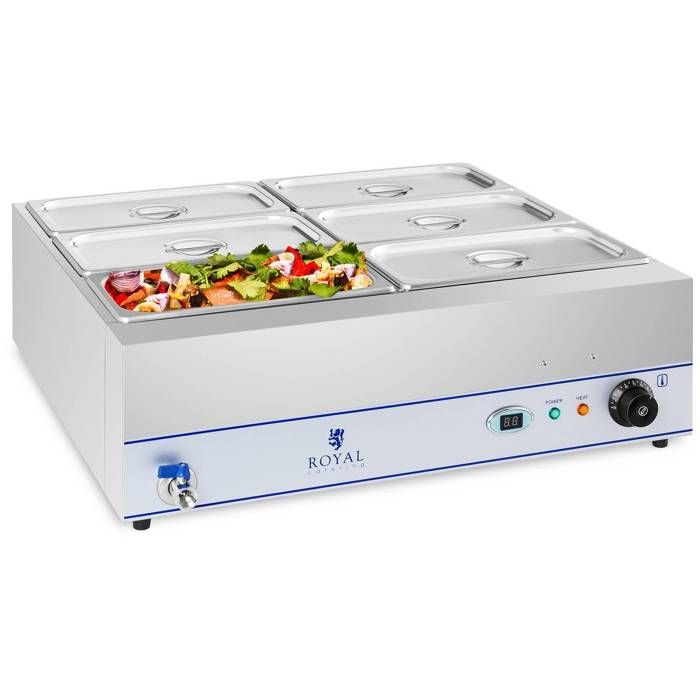 Bain Marie chauffant Chauffe-plat 6 bacs GN 1/3 Royal Catering RCBM-6W-2000 (2000W 57L robinet de vidange écran LCD)
