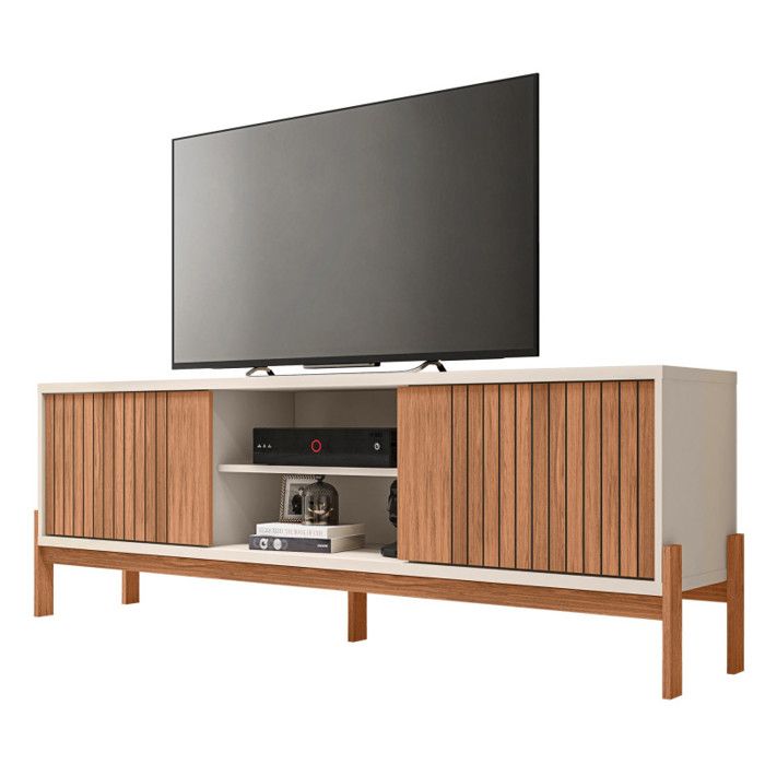Meuble TV 72 Pouces Chêne et Blanc 2 Portes 4 Niches L 180.6 H 62.6 P 36 cm - L 180.6 x l 36 x H 62.6 cm Meuble TV 72 Pouces Chêne et Blanc 2 Portes 4 Niches L 180.6 H 62.6 P 36 cm - L 180.6 x l 36 x H 62.6 cm