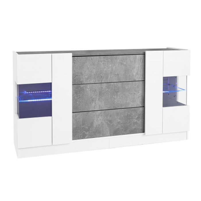 Buffet salon et salle a manger -style moderne avec 2 portes et 3 tiroirs-aspect marbre gris éclairage LED 140 x 35 x 75 cm