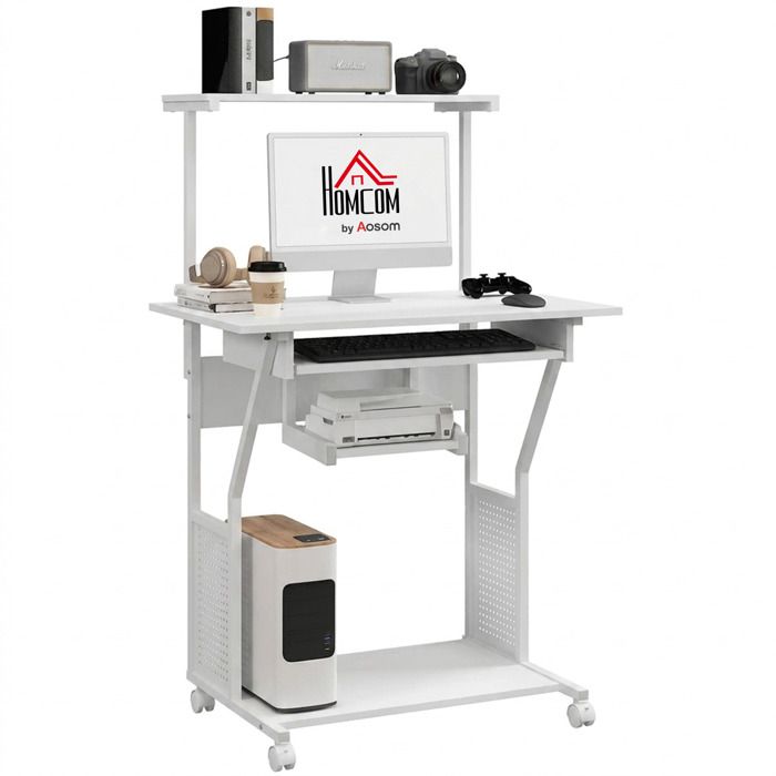 Bureau dordinateur roulant - HOMCOM - étagères de rangement poste de travail et plateau pour clavier - 80x50x130cm - blanc Bureau dordinateur roulant - HOMCOM - étagères de rangement poste de travail et plateau pour clavier - 80x50x130cm - blanc